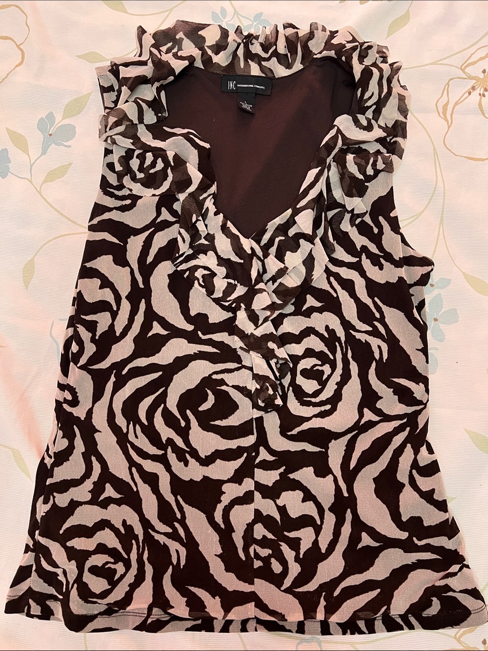 INC International Concepts Brown & Pink Rose-Print Ruffle V-Neck Sleeveless Top